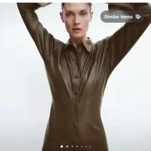 Zara Faux Leather Bodycon Long‎ Sleeve Dress Front Buttons Sz XS In Brown